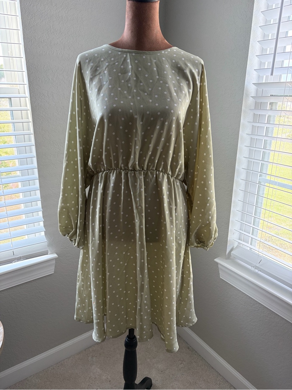 Olive Green Polka Dot Long Sleeve Elastic Waist Dress